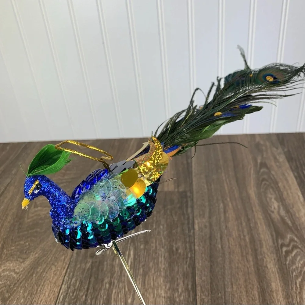 Peacock Blue Green Clip-on or Hanging Ornament with Feather Christmas 11